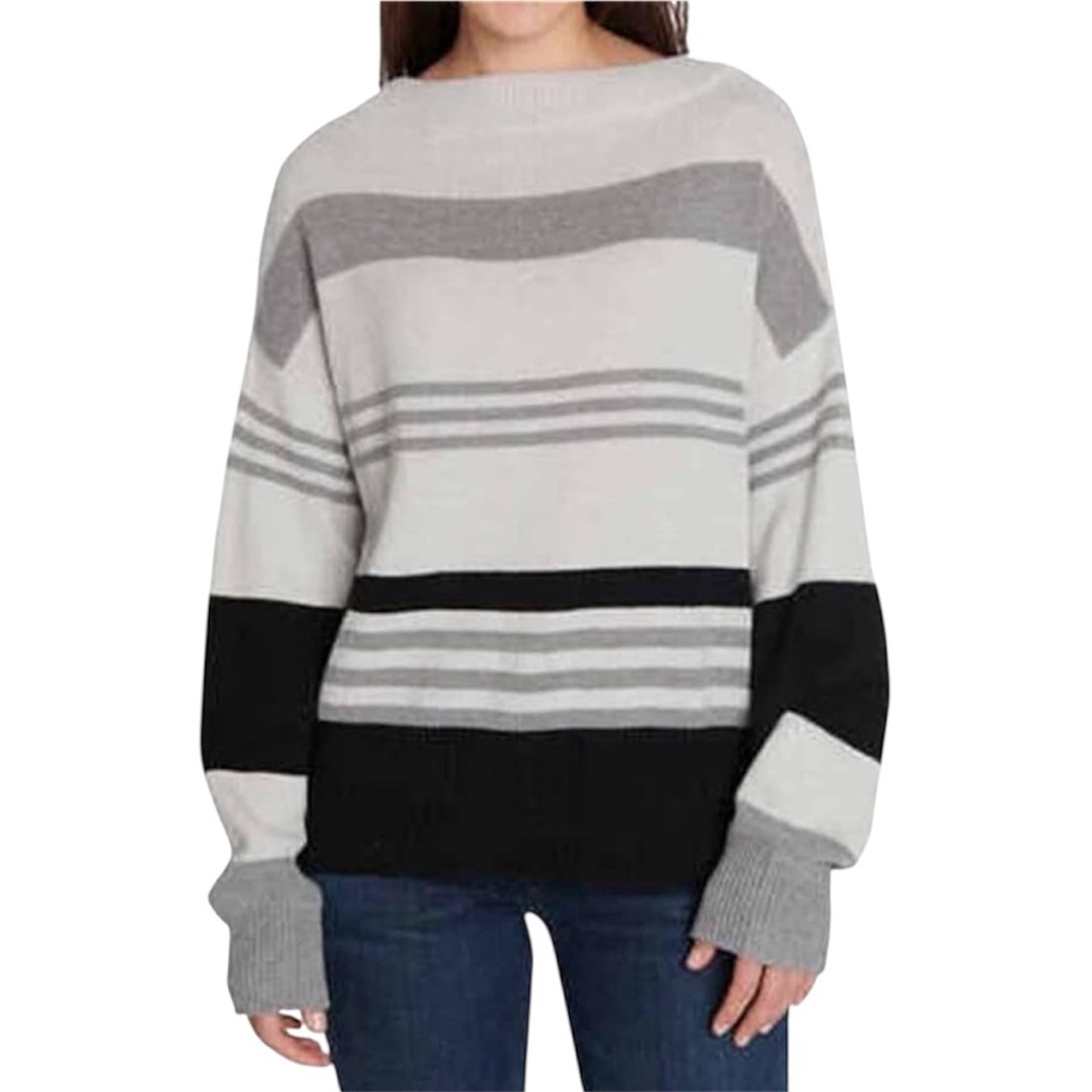 Lucky Brand Women's Striped Crew Neck Sweater in White, Gray, Black